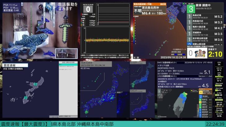 2023年 【緊急地震速報(予報)】宮古島北西沖 最大震度3 M6.4 深さ170km 2023/09/18 22:21:–.-発生 (速報値)