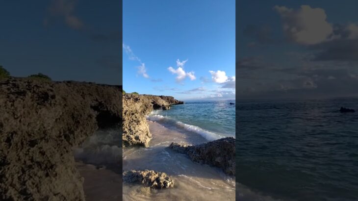 2023年 【沖縄】宮古島　ニシの浜　東シナ海　宮古ブルー　波　しぶき　sunshine Miyako island Okinawa  Miyako blue　西日　サンゴ礁　coral reef　寄せては返す