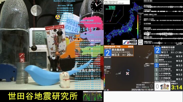 2023年 2025/8/16 11:07 宮古島近海で地震 震度2 深さ20km M3.5 Earthquake off the coast of Miyakojima Japan