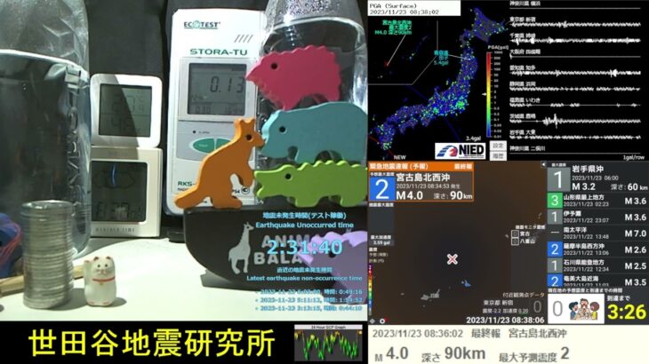 2023年 2023/11/23 8:36 宮古島北西沖で地震 震度2 深さ90km M4 Earthquake off the northwest coast of Miyako Island Japan