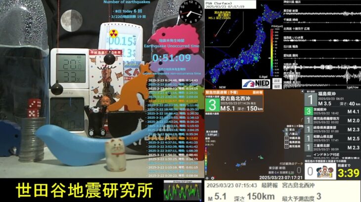 2023年 2025/3/23 7:15 宮古島北西沖で地震 震度3 深さ150km M5.1 Earthquake hits northwest offshore of Miyako Island Japan