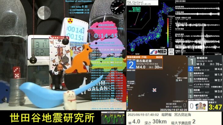 2023年 2025/6/19 7:40 宮古島近海で地震 震度2 深さ30km M4 Earthquake off the coast of Miyako Island Japan