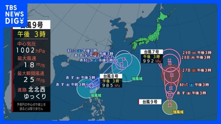 2023年 【トリプル台風発生中】台風7号は宮古島と沖縄本島の間を北上　台風8号は26日（土）頃は沖縄地方に近づく予想 台風9号はマリアナ諸島を北上中｜TBS NEWS DIG