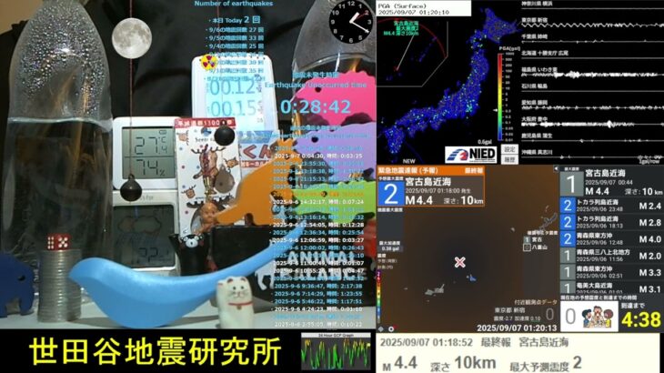 2023年 2025/9/7 1:18 宮古島近海で地震 震度2 深さ10km M4.4 Earthquake off the coast of Miyakojima Japan