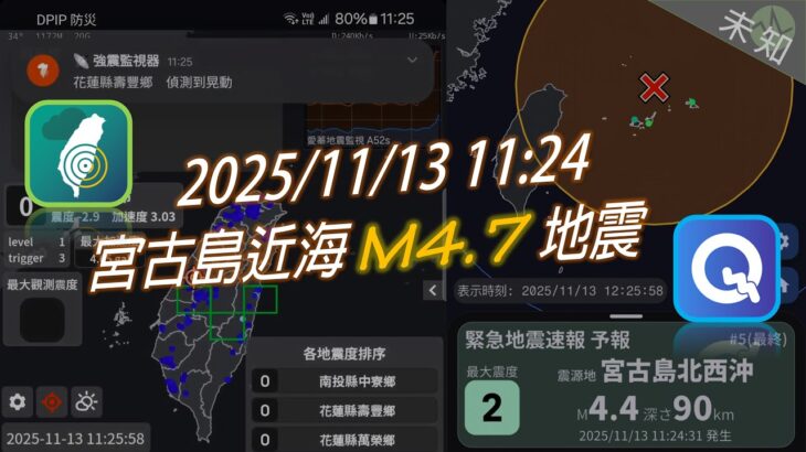 2023年 2025/11/13 11:24 宮古島近海 M4.7地震 日本地震速報接收與DPIP (TREM強震觀測網) 測站檢知情形
